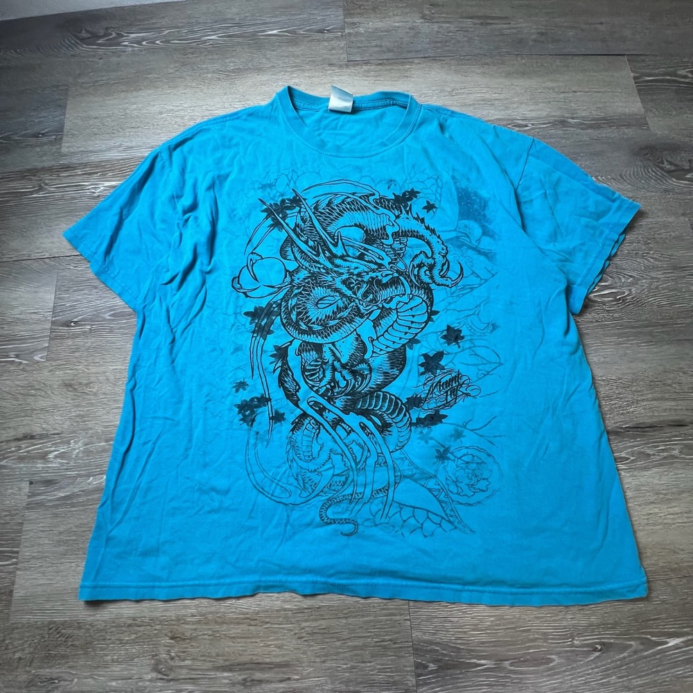 Gildan Miami‎ Ink Dragon T-Shirt Mens XL Turquoise Blue Graphic Tattoo Tee